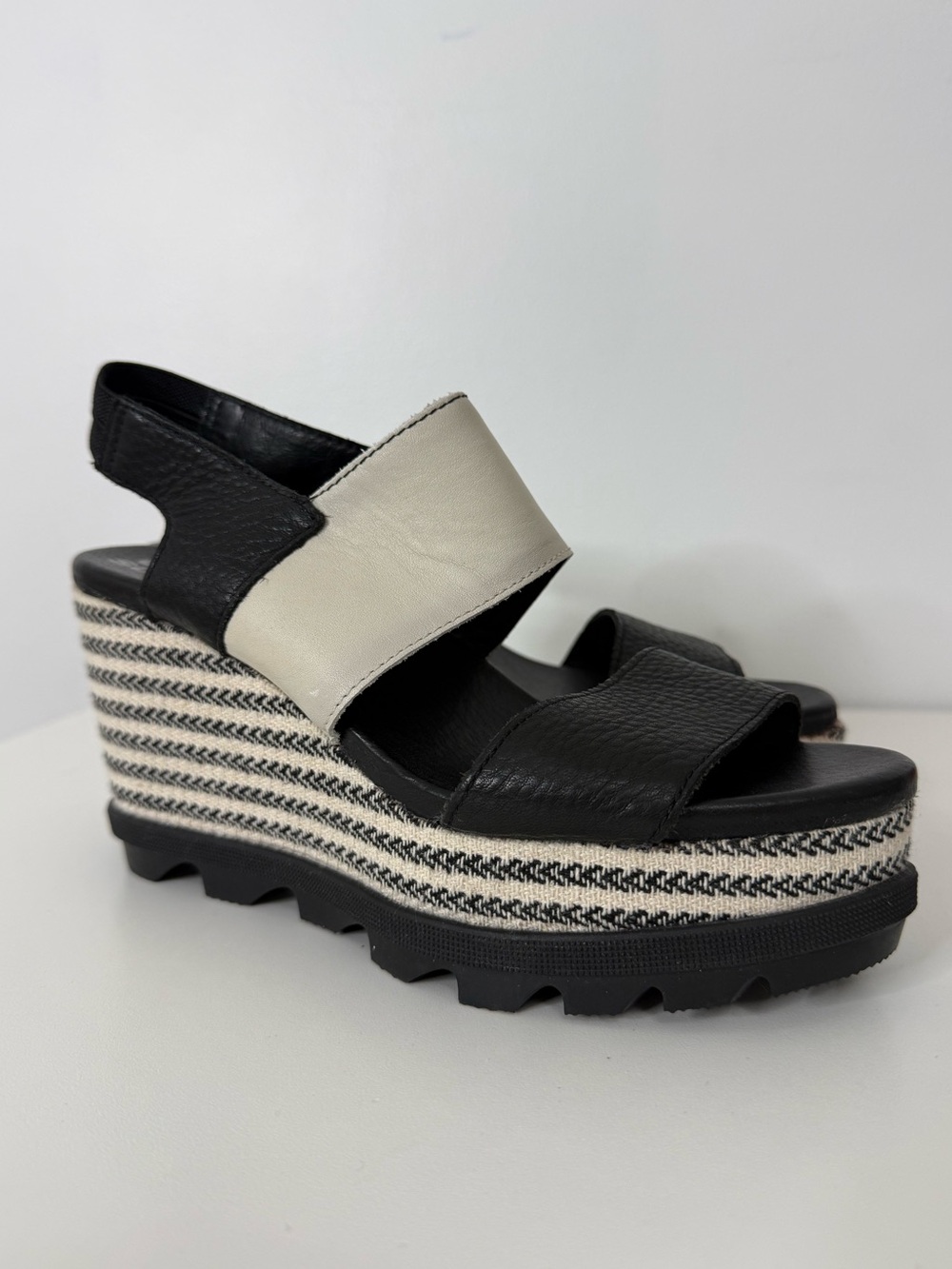 Sorel Joanie II Slingback Platform Wedge Leather Sandals Black Cream Women 7.5 - Picture 2 of 16